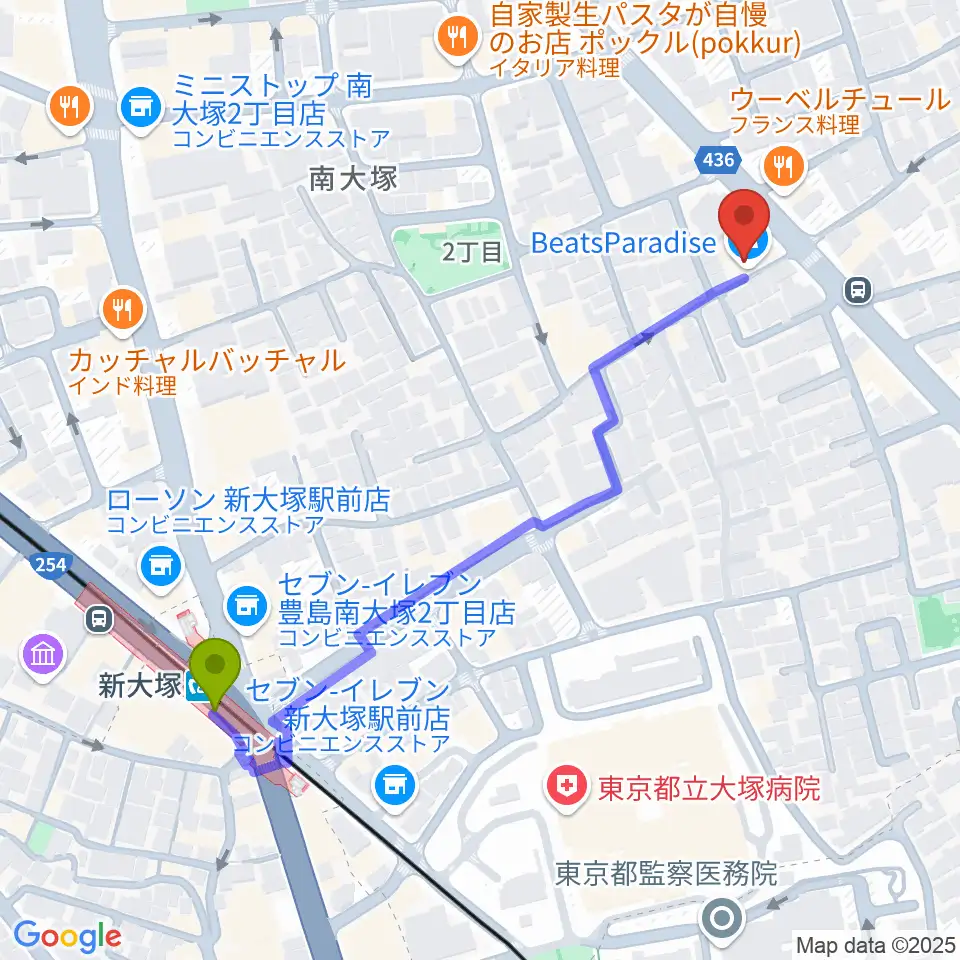 BeatsParadiseの最寄駅新大塚駅からの徒歩ルート（約6分）地図