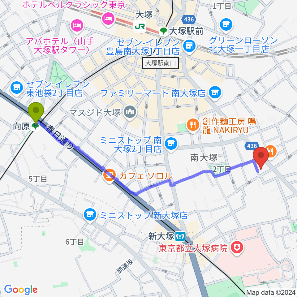 向原駅からビーツパラダイスへのルートマップ地図