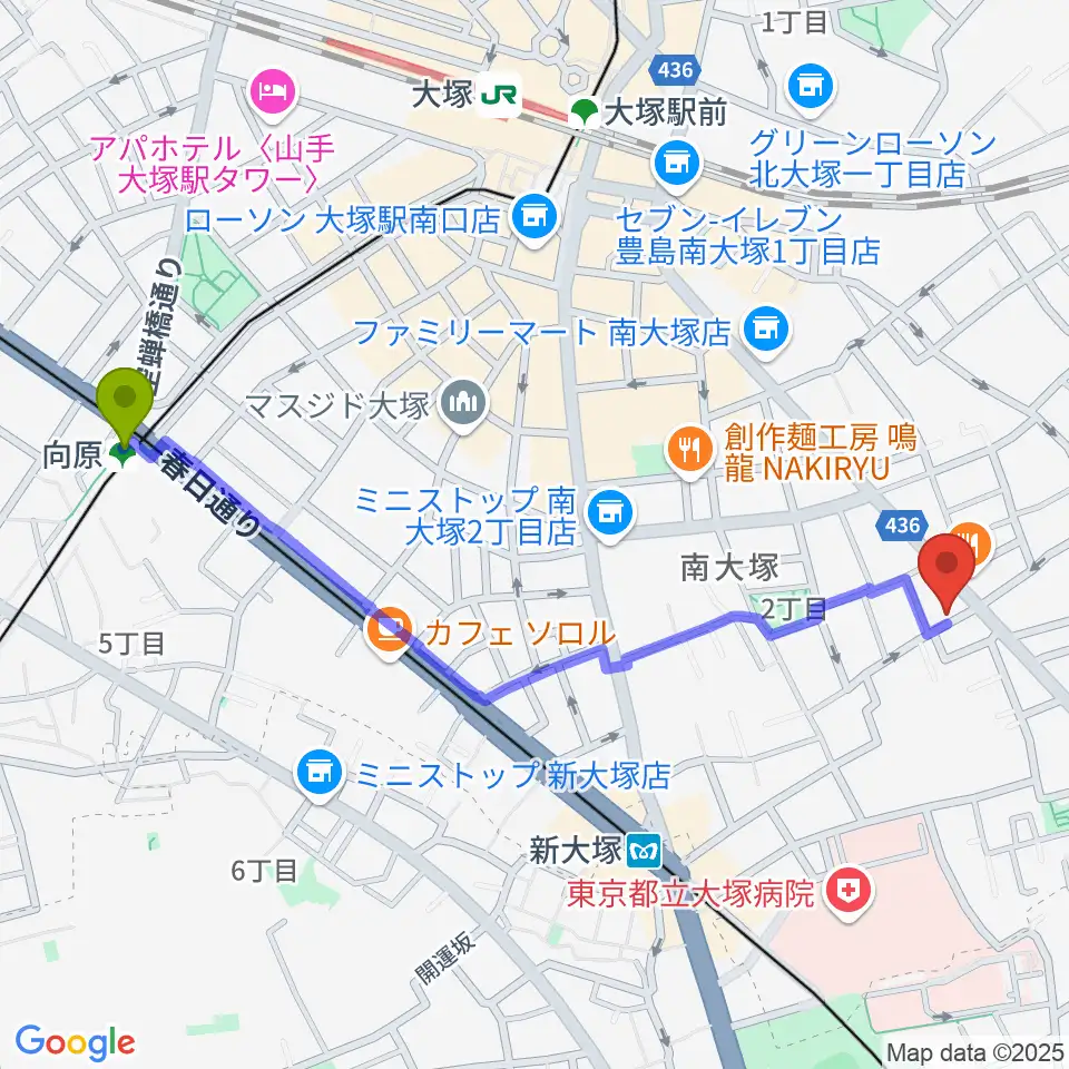 向原駅からBeatsParadiseへのルートマップ地図
