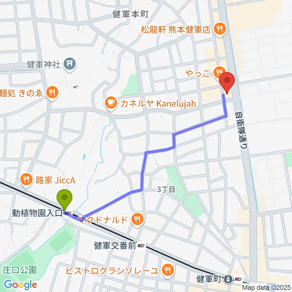動植物園入口駅から有明楽器 ピアノサービス熊本へのルートマップ地図
