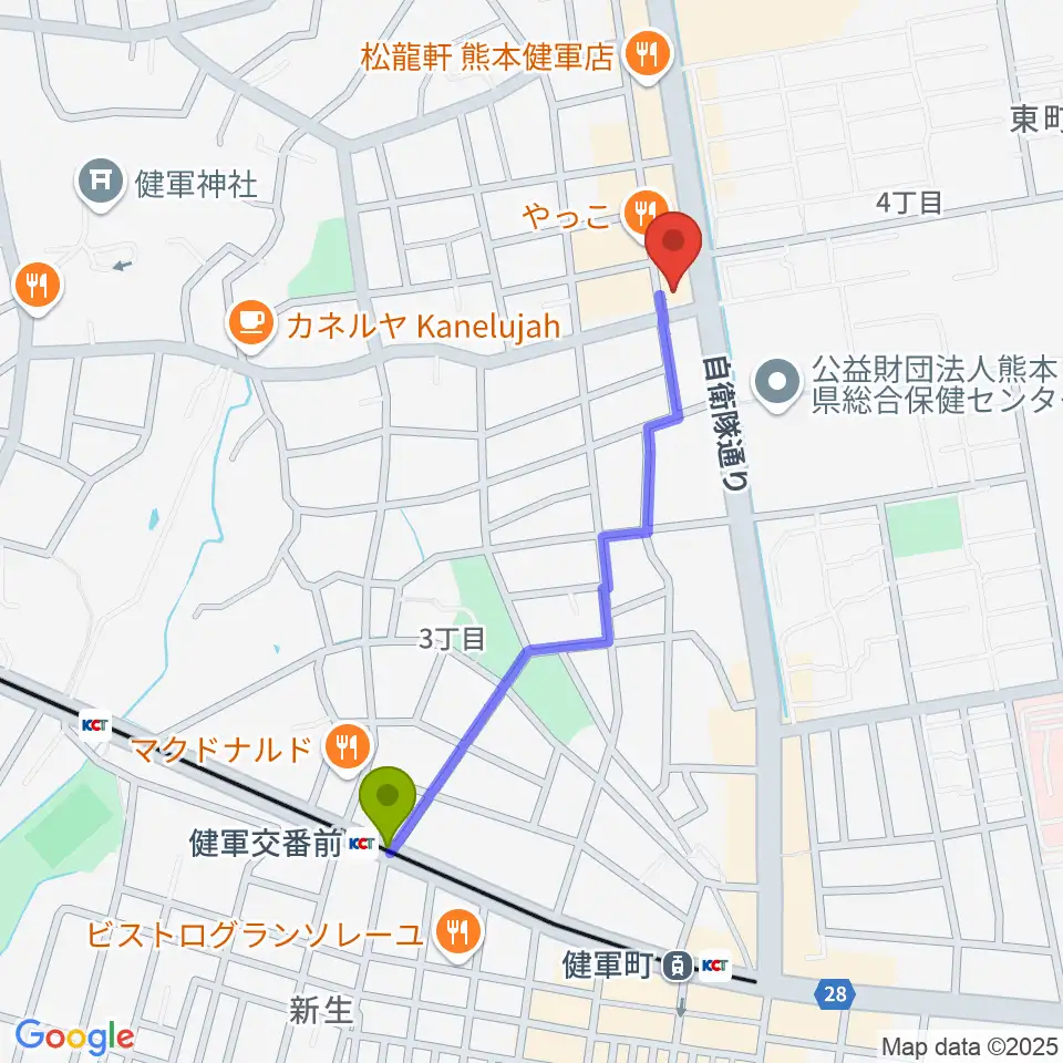 有明楽器 ピアノサービス熊本の最寄駅健軍交番前駅からの徒歩ルート（約9分）地図