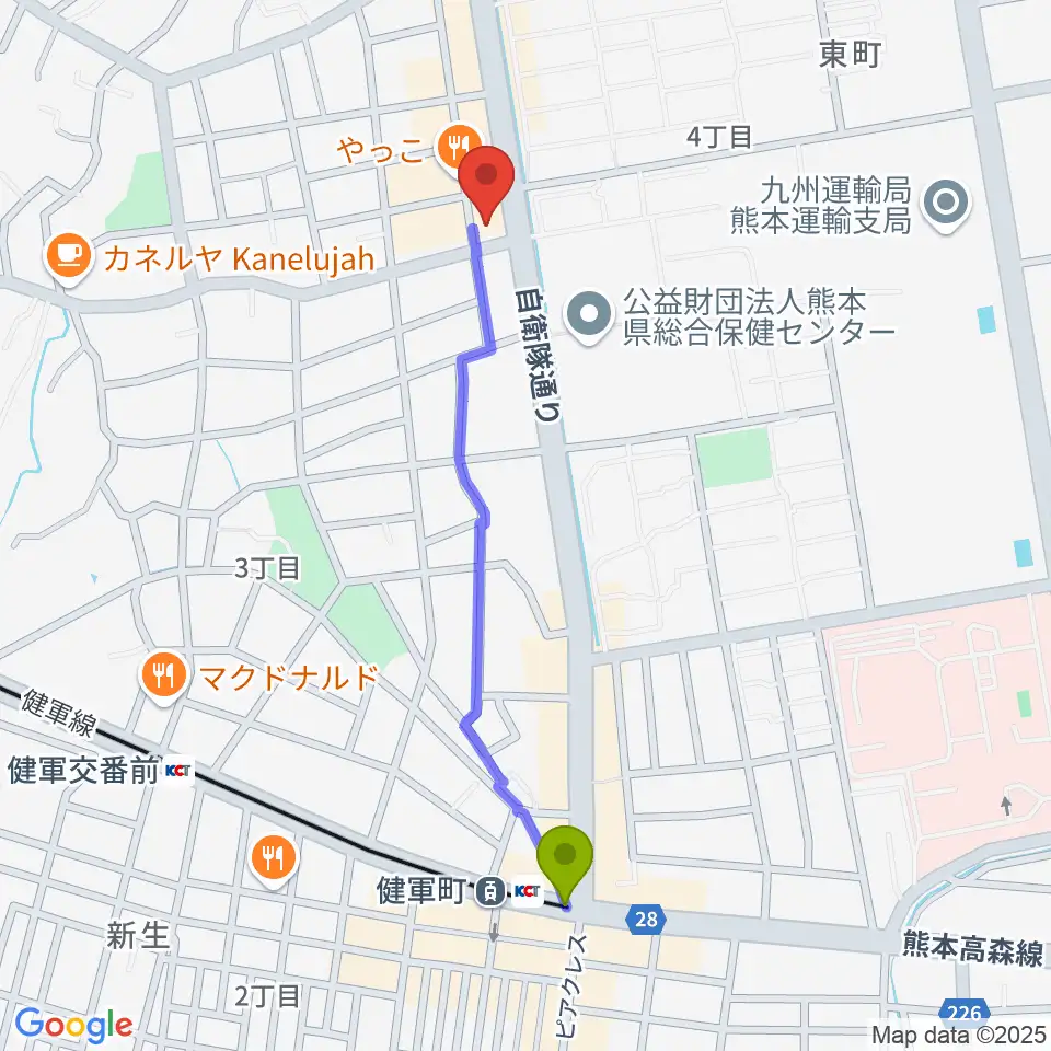 健軍町駅から有明楽器 ピアノサービス熊本へのルートマップ地図