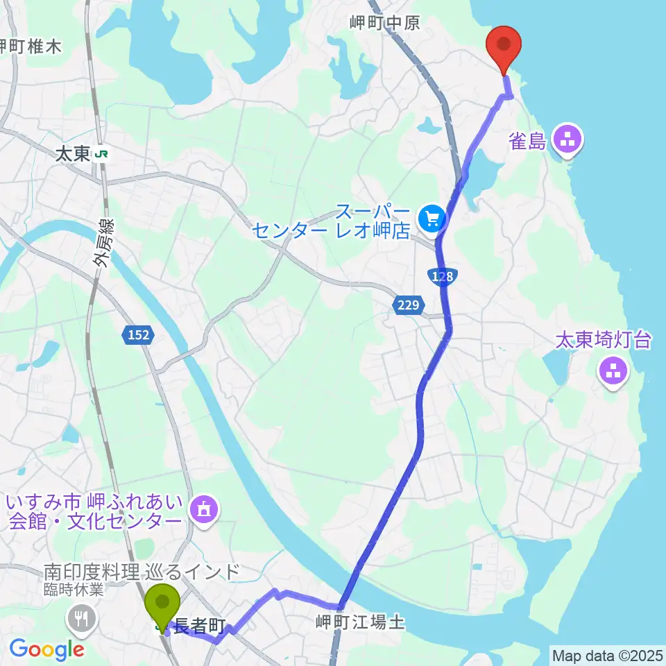 長者町駅からビーチサイド音楽館へのルートマップ地図