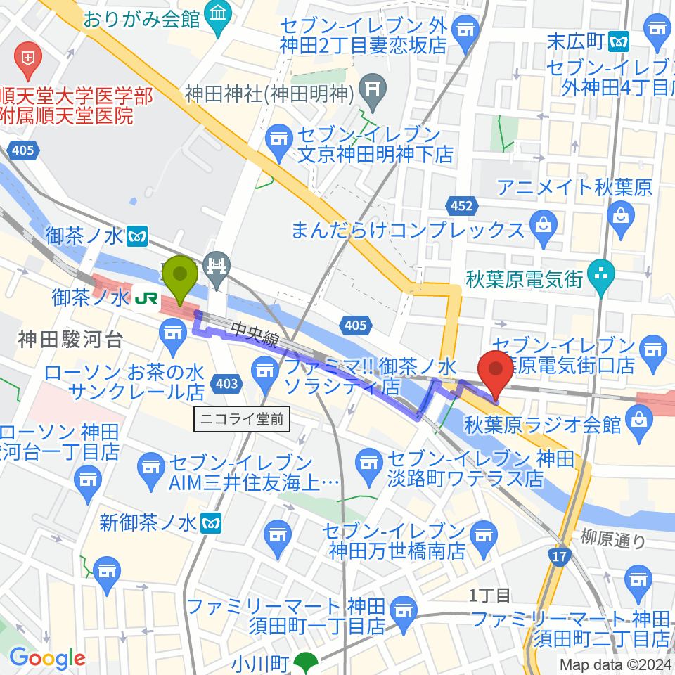 御茶ノ水駅からスタジオ音楽館 アキバへのルートマップ地図