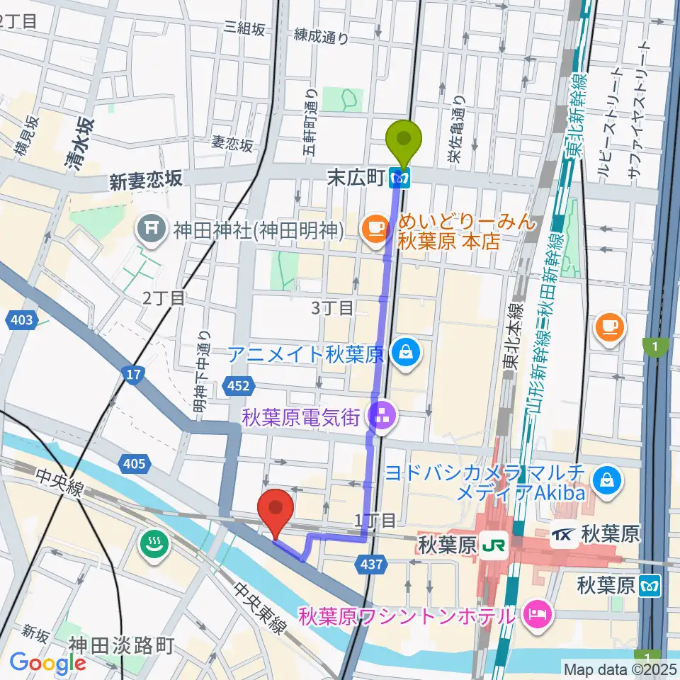 末広町駅からスタジオ音楽館 アキバへのルートマップ地図