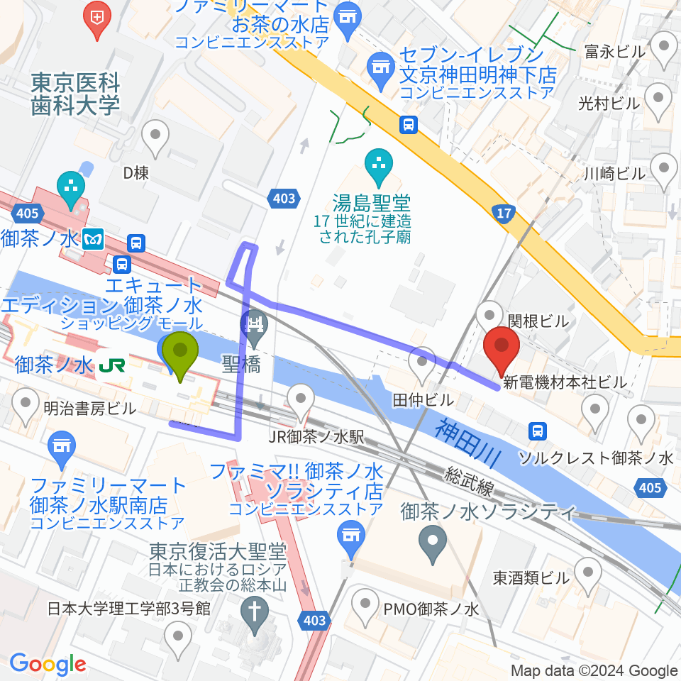 スタジオ音楽館 デュオお茶の水の最寄駅御茶ノ水駅からの徒歩ルート（約4分）地図