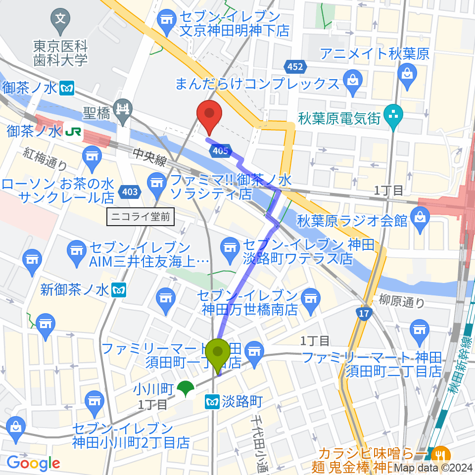 淡路町駅からスタジオ音楽館 デュオお茶の水へのルートマップ地図