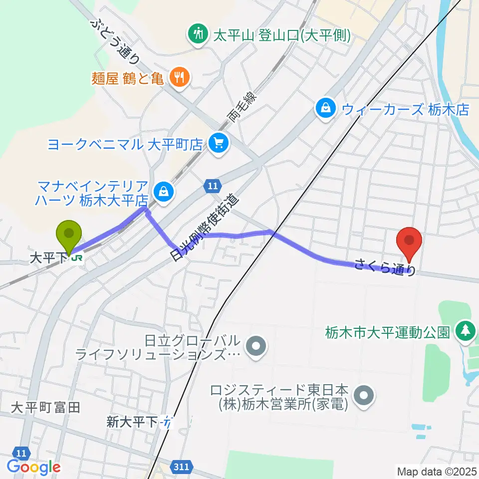 大平下駅から大平文化会館へのルートマップ地図