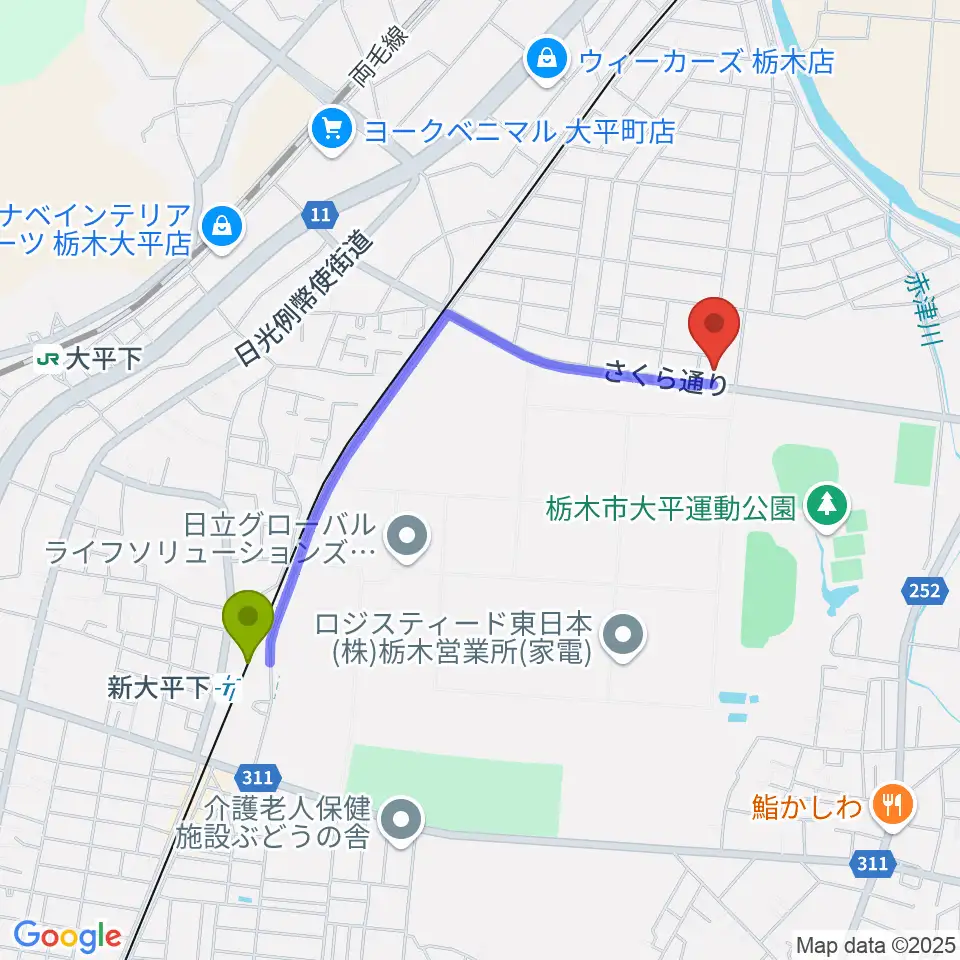 大平文化会館の最寄駅新大平下駅からの徒歩ルート（約18分）地図