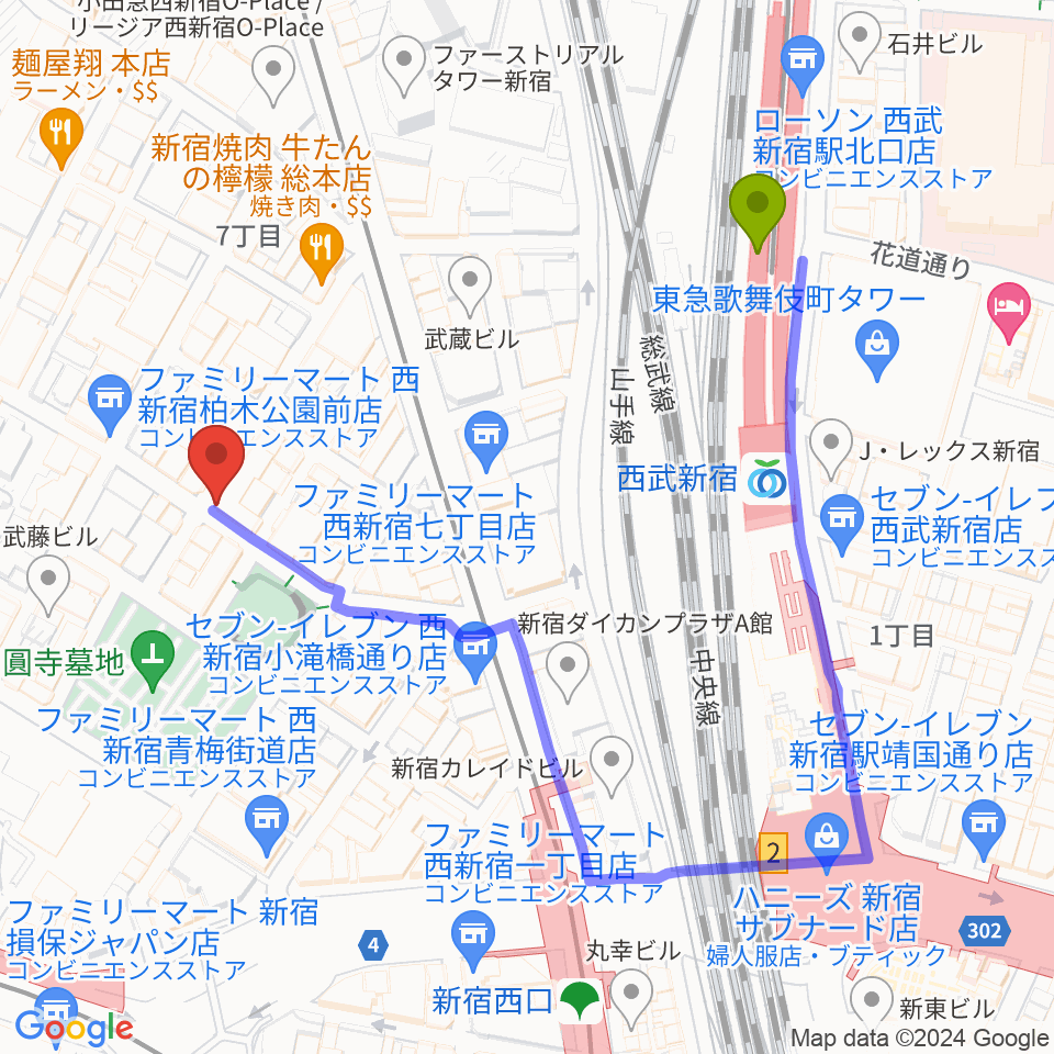 スタジオ音楽館 新宿西口店の最寄駅西武新宿駅からの徒歩ルート（約4分）地図