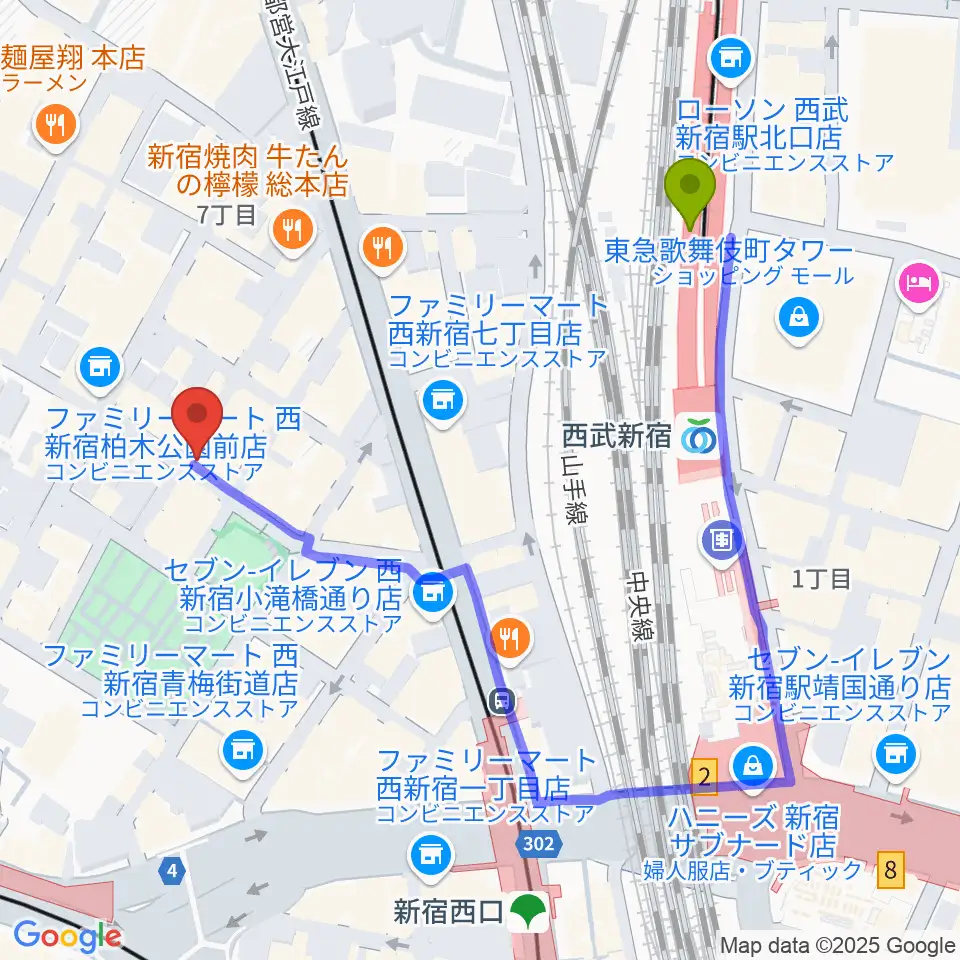 スタジオ音楽館 新宿西口店の最寄駅西武新宿駅からの徒歩ルート（約4分）地図