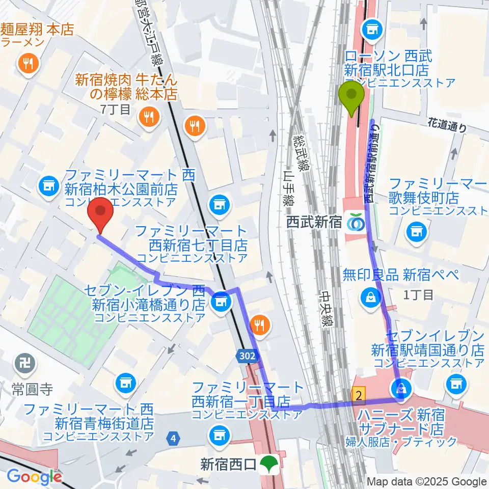 スタジオ音楽館 新宿西口店の最寄駅西武新宿駅からの徒歩ルート（約4分）地図
