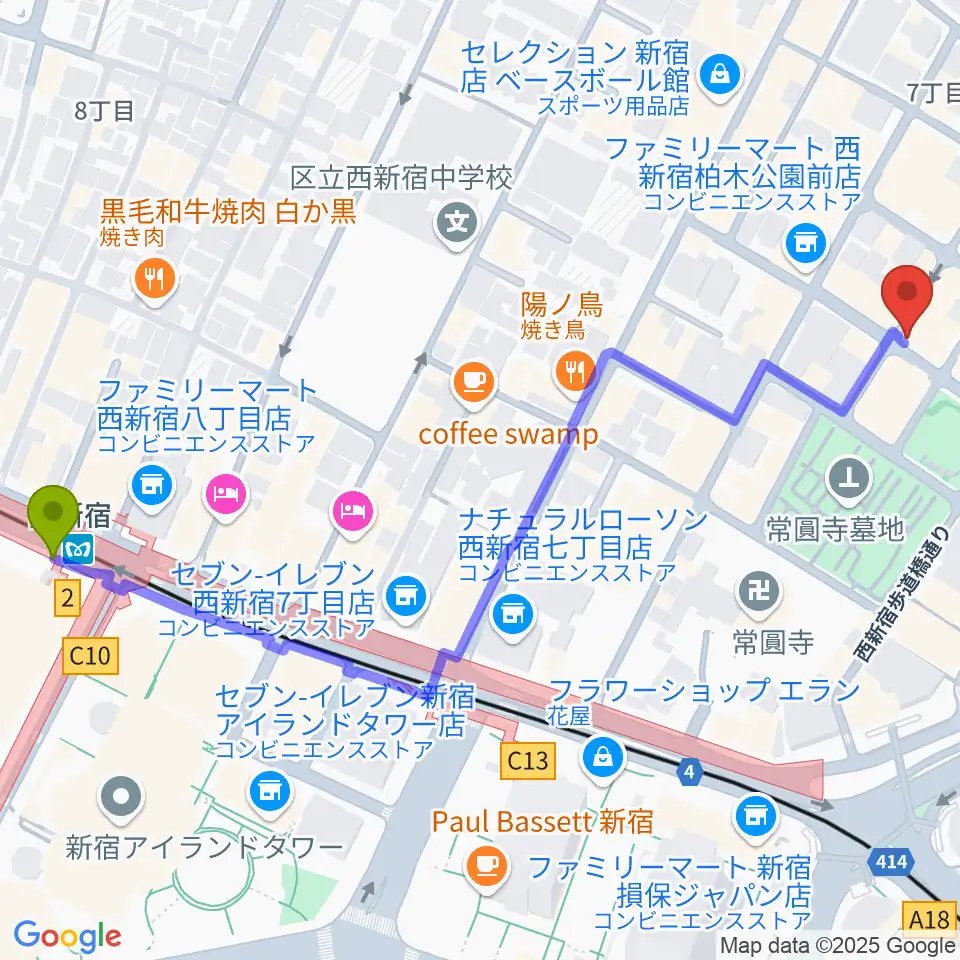 西新宿駅からスタジオ音楽館 新宿西口店へのルートマップ地図