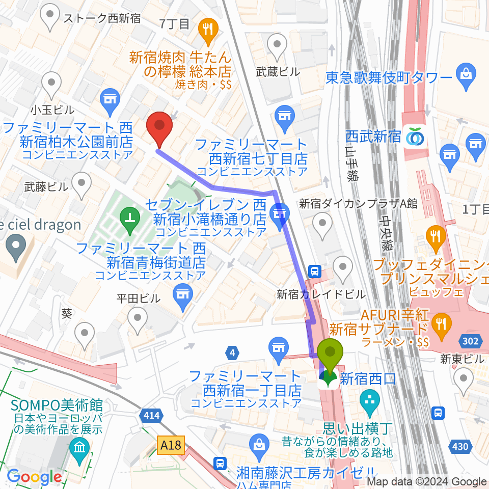 新宿西口駅からスタジオ音楽館 新宿西口店へのルートマップ地図