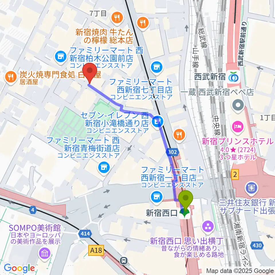 新宿西口駅からスタジオ音楽館 新宿西口店へのルートマップ地図