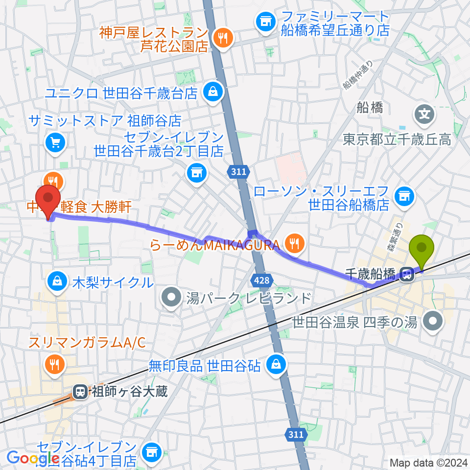 千歳船橋駅からスタジオセイントへのルートマップ地図