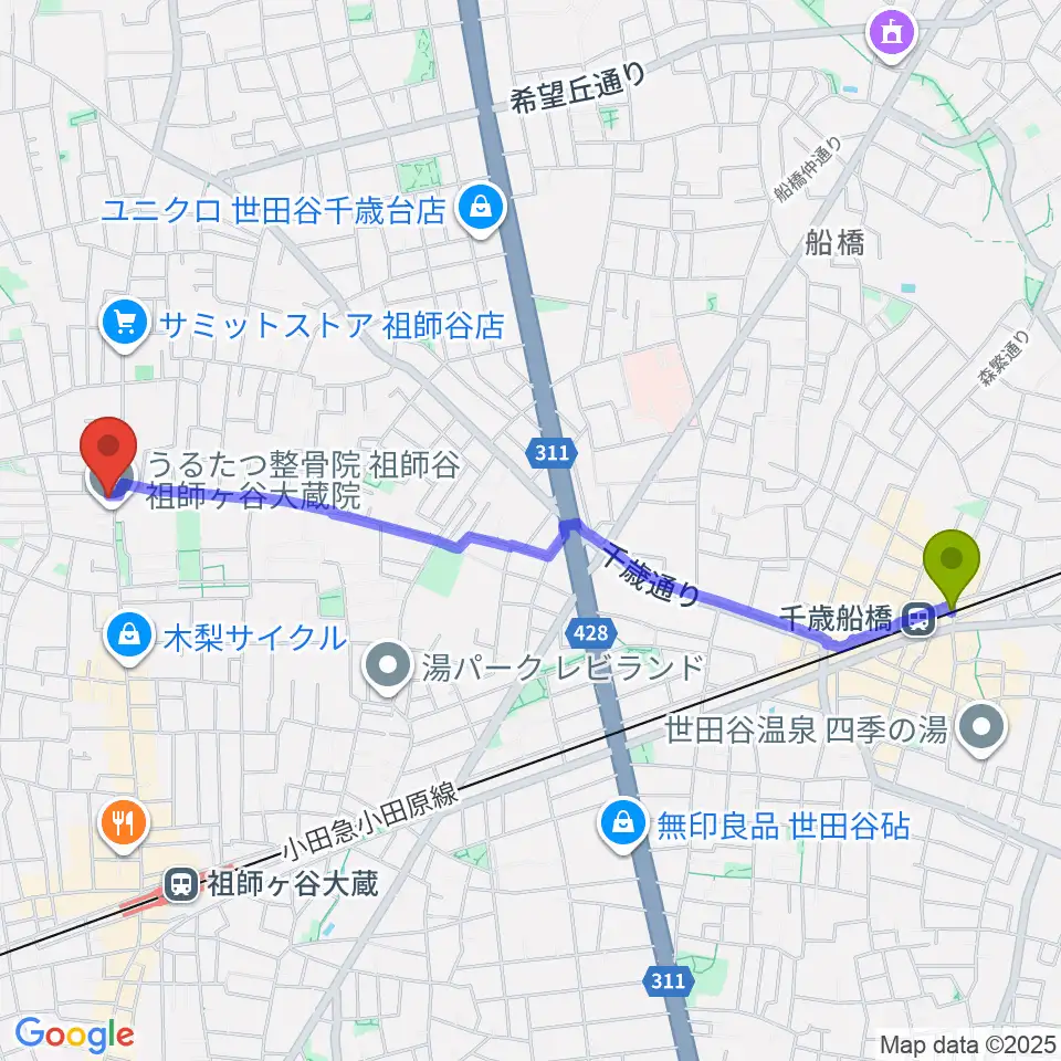 千歳船橋駅からスタジオセイントへのルートマップ地図