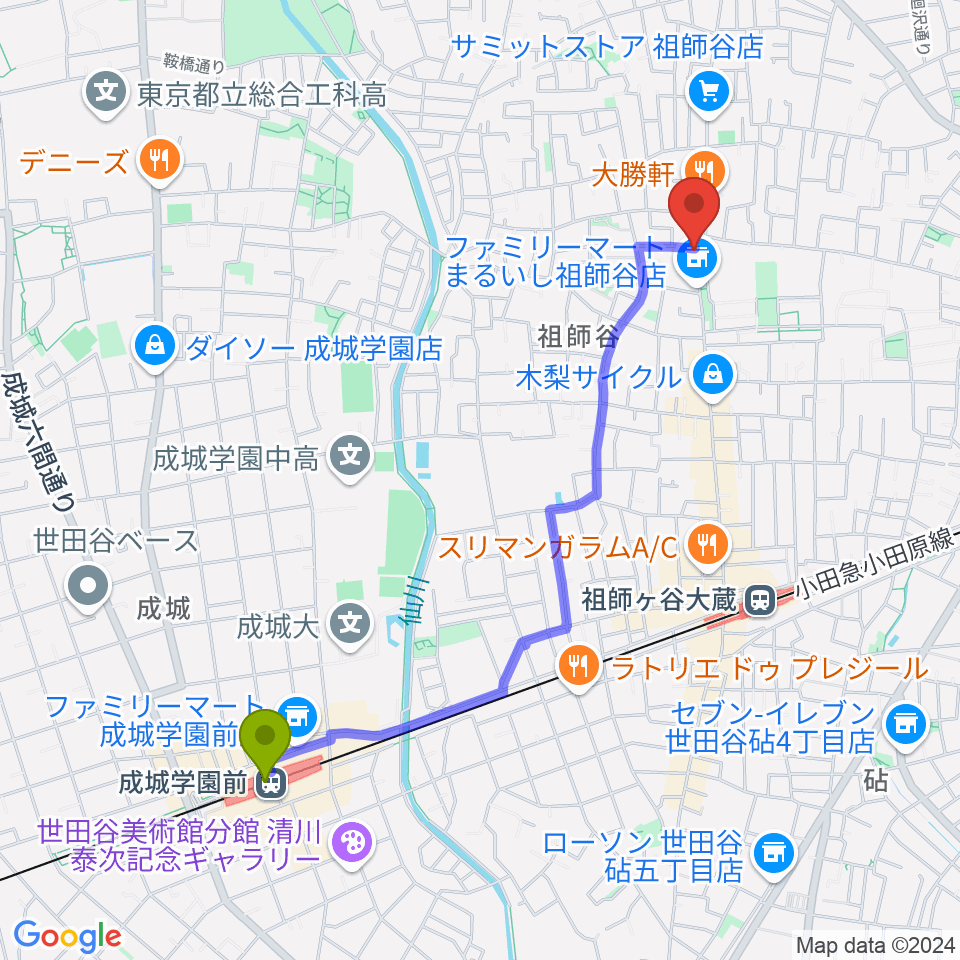 成城学園前駅からスタジオセイントへのルートマップ地図