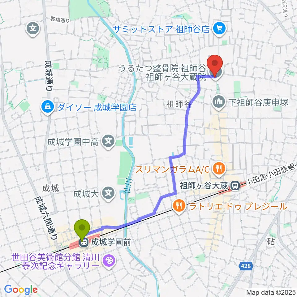 成城学園前駅からスタジオセイントへのルートマップ地図