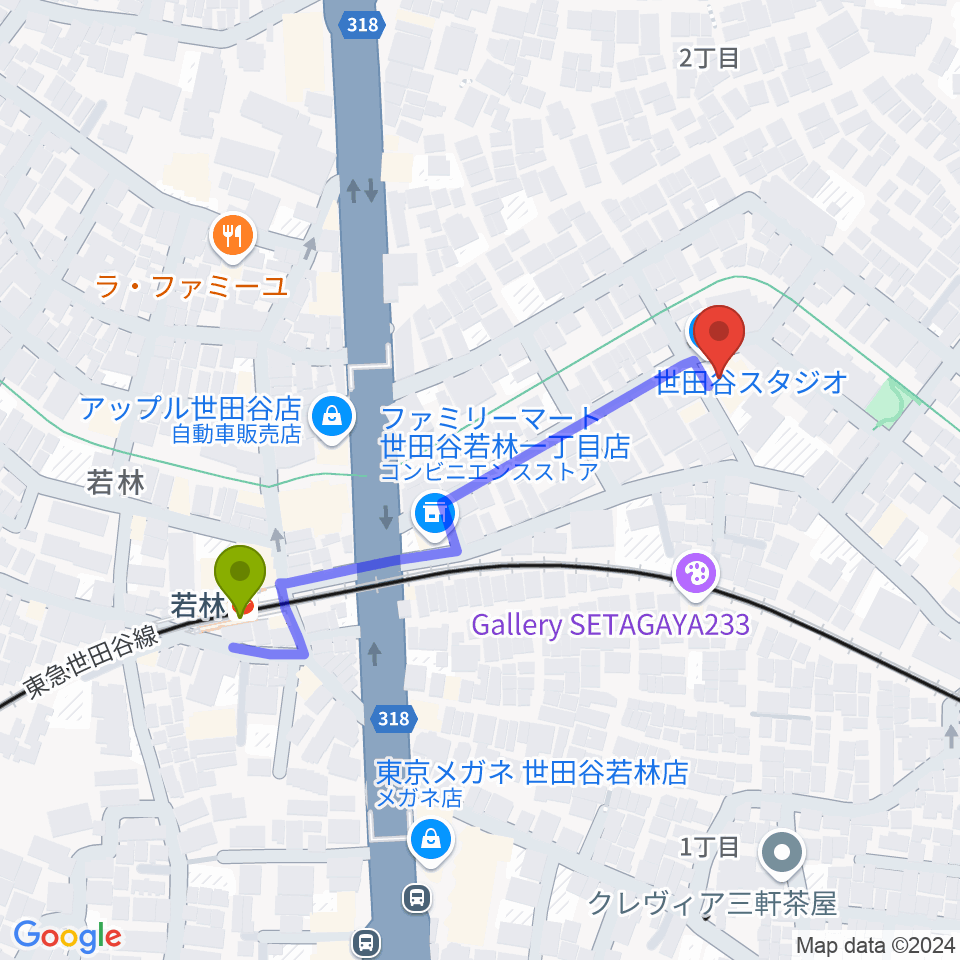 世田谷スタジオの最寄駅若林駅からの徒歩ルート（約4分）地図