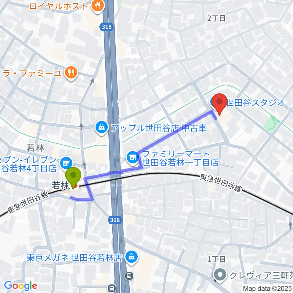 世田谷スタジオの最寄駅若林駅からの徒歩ルート（約4分）地図