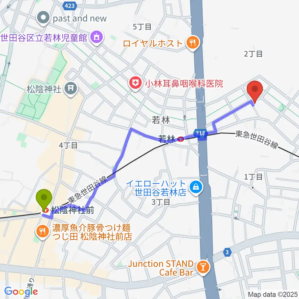 松陰神社前駅から世田谷スタジオへのルートマップ地図