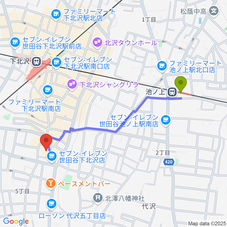 池ノ上駅からアンディーズスタジオへのルートマップ地図