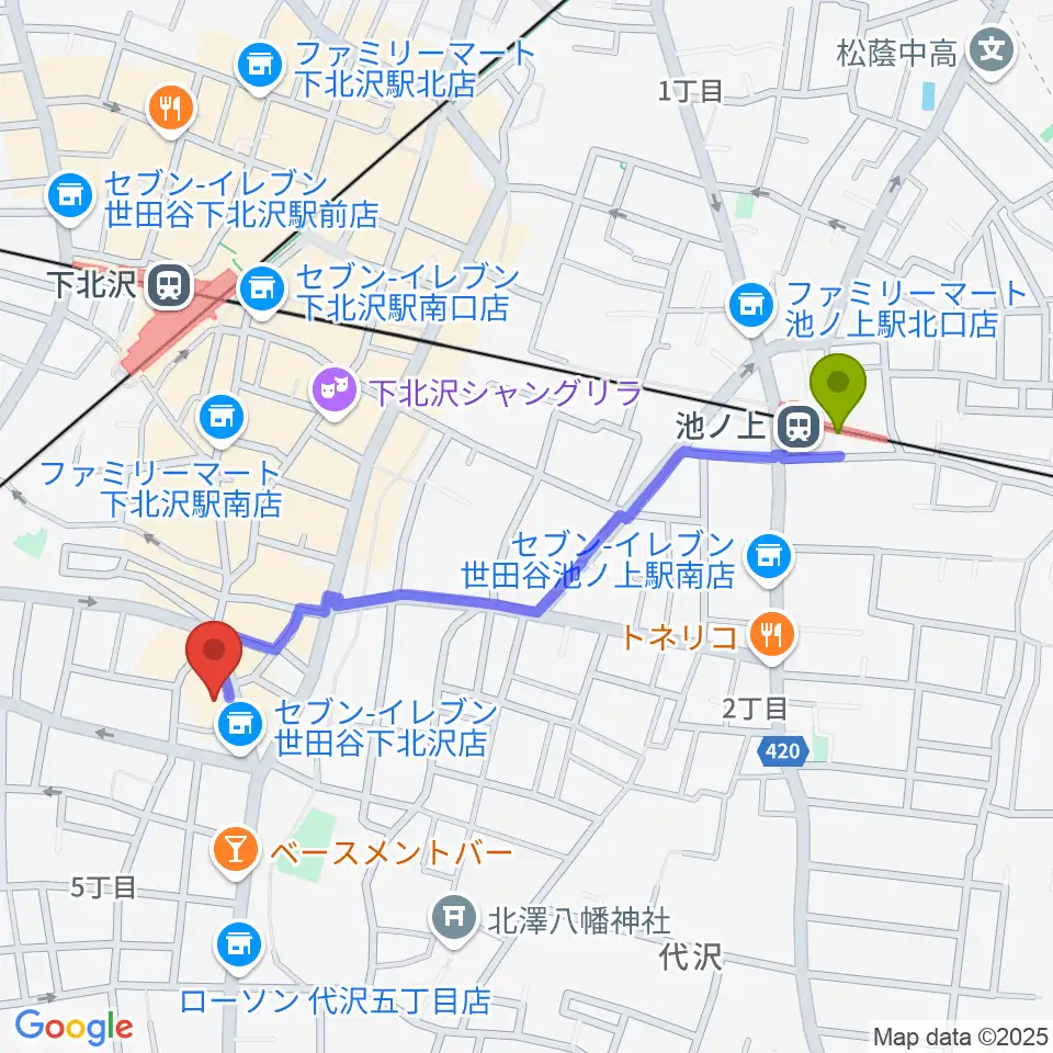 池ノ上駅からアンディーズスタジオへのルートマップ地図