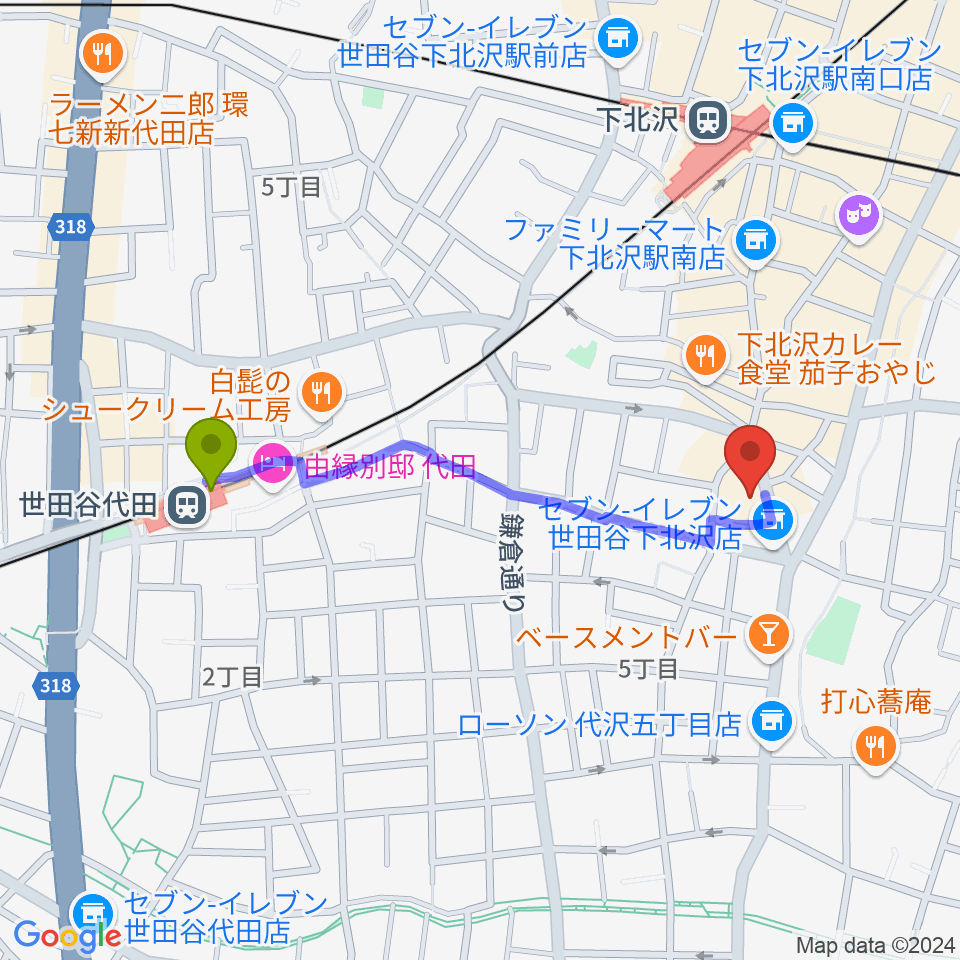 世田谷代田駅からアンディーズスタジオへのルートマップ地図