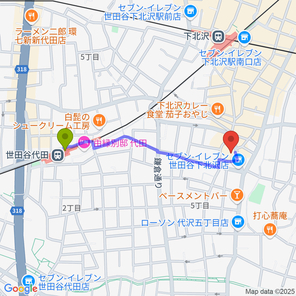 世田谷代田駅からアンディーズスタジオへのルートマップ地図