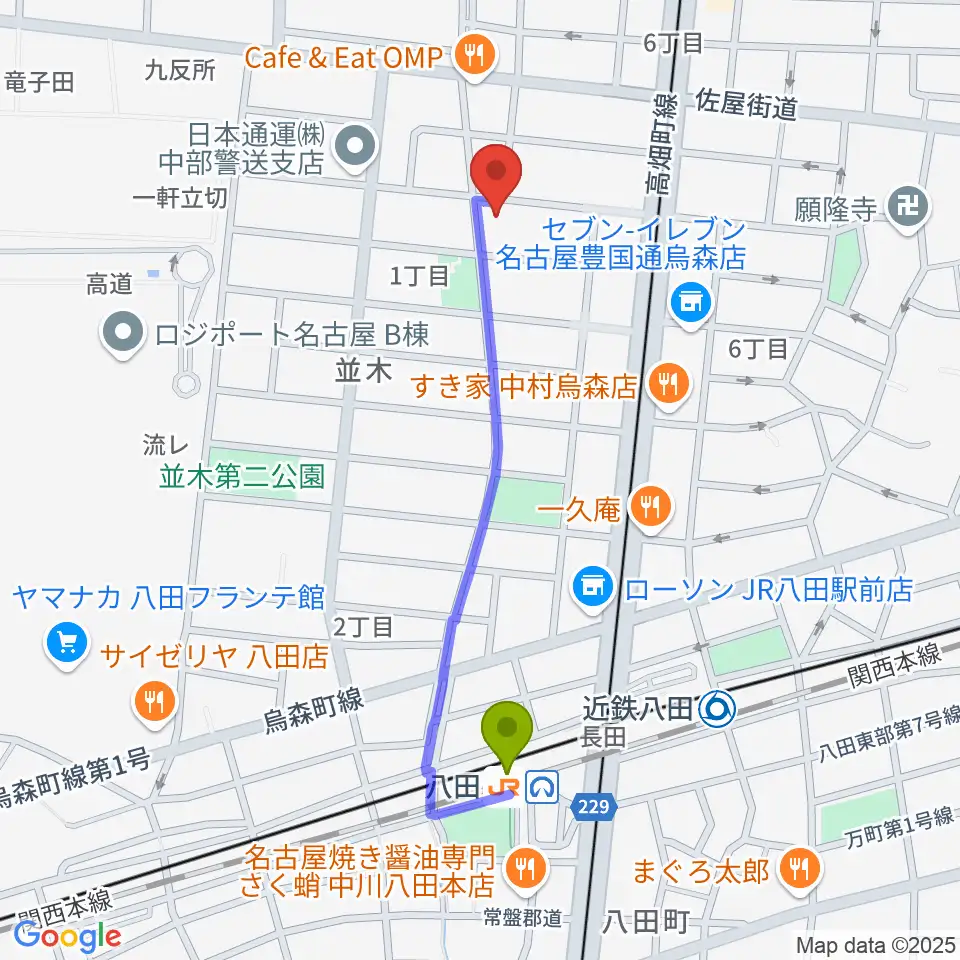 スタジオ・ルカロの最寄駅八田駅からの徒歩ルート（約9分）地図