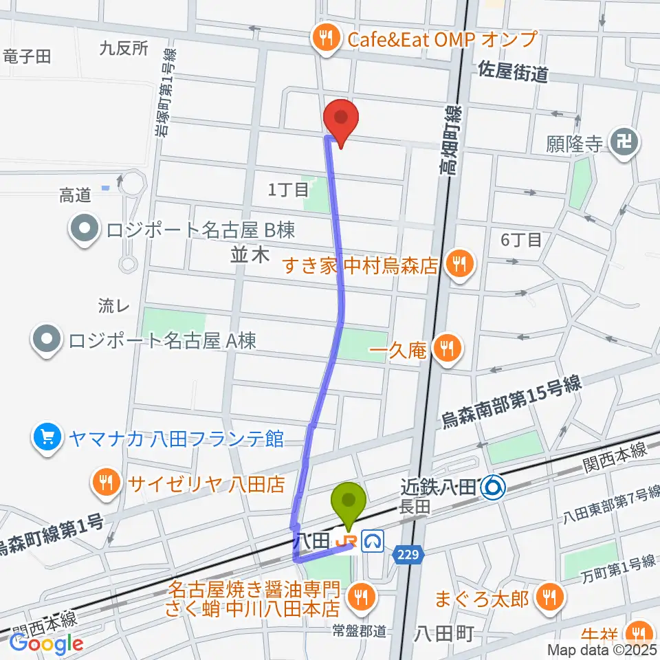 スタジオ・ルカロの最寄駅八田駅からの徒歩ルート（約9分）地図