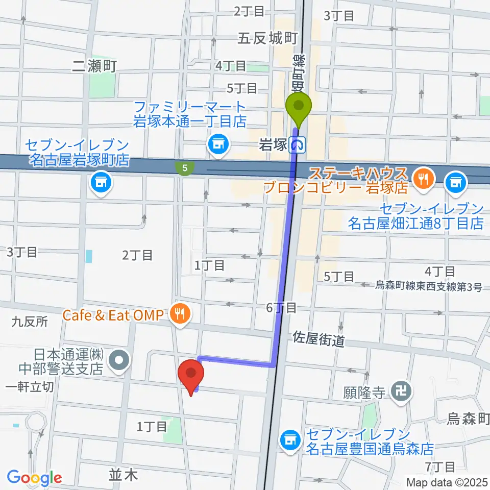 岩塚駅からスタジオ・ルカロへのルートマップ地図