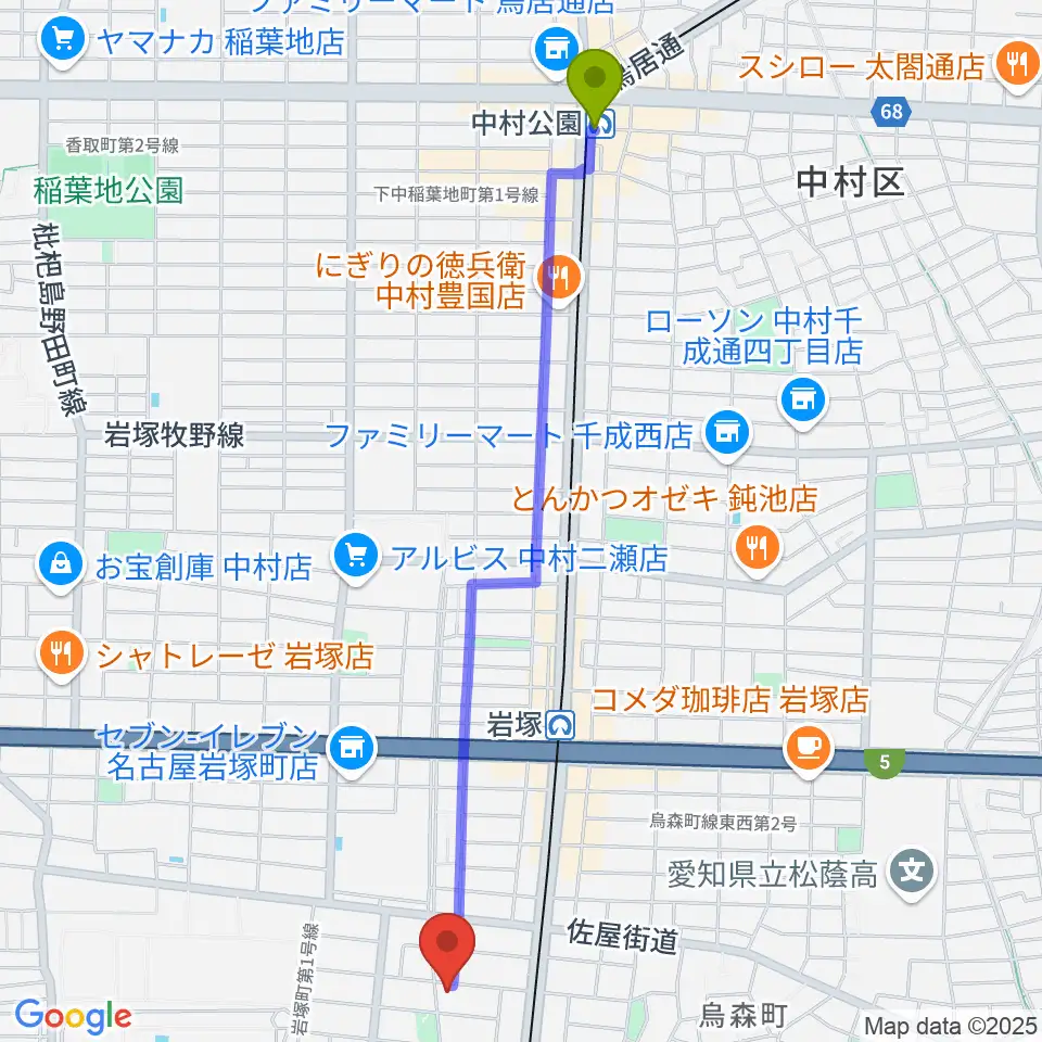 中村公園駅からスタジオ・ルカロへのルートマップ地図