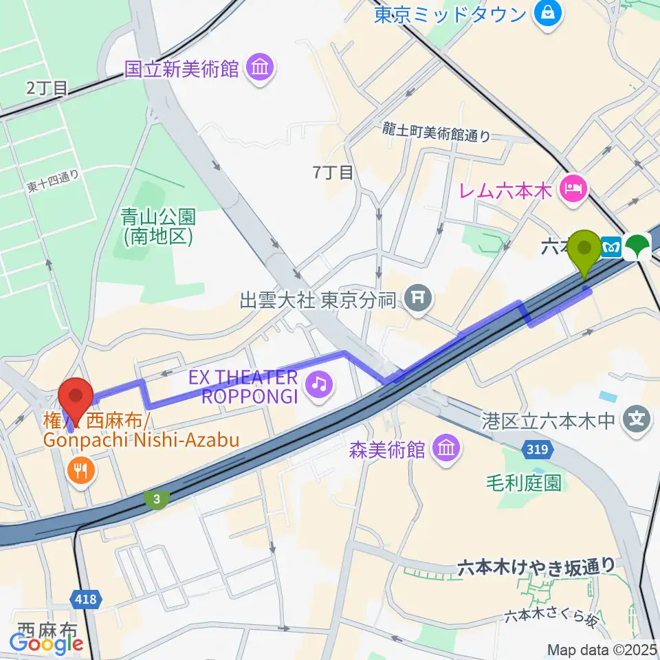 六本木駅からLAB recordersへのルートマップ地図