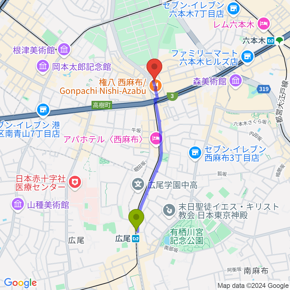 広尾駅からラボレコーダーズへのルートマップ地図