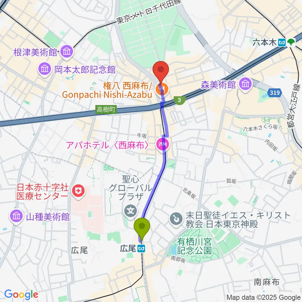 広尾駅からLAB recordersへのルートマップ地図