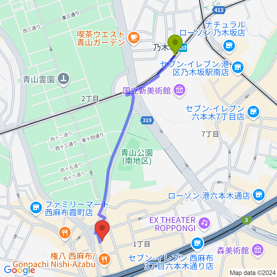 ラボレコーダーズの最寄駅乃木坂駅からの徒歩ルート（約11分）地図