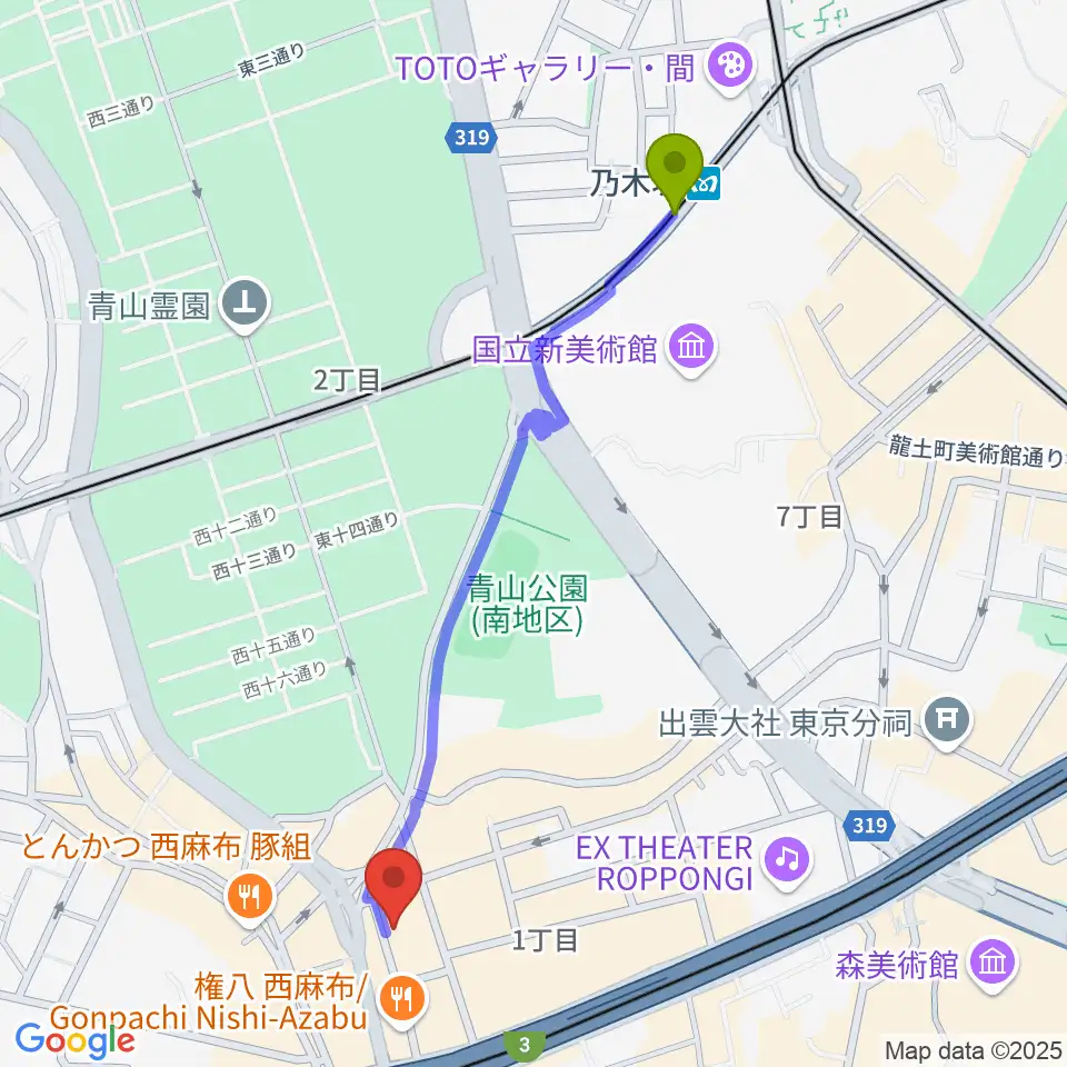 LAB recordersの最寄駅乃木坂駅からの徒歩ルート（約11分）地図