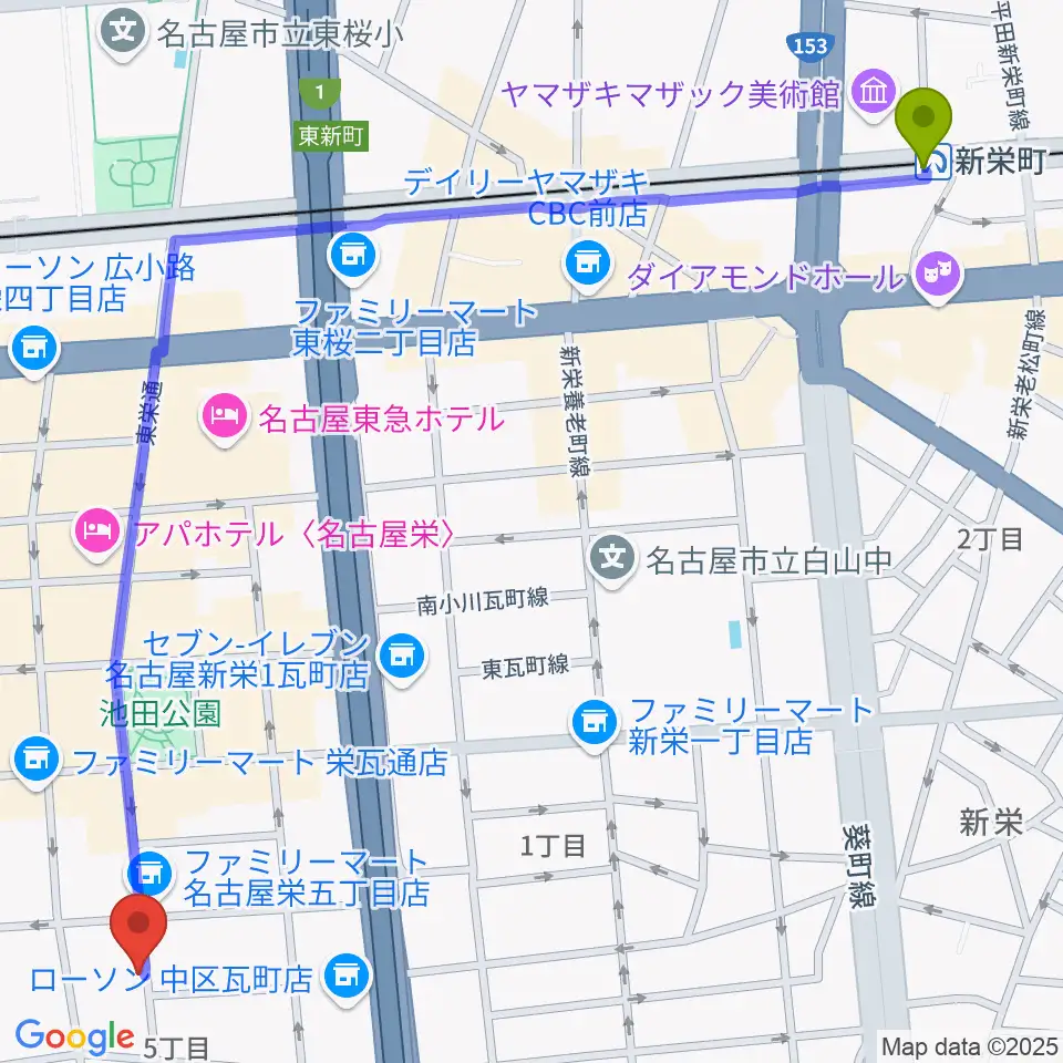 新栄町駅から名古屋ビジュアルアーツ・アカデミーへのルートマップ地図