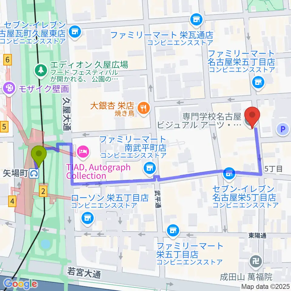 名古屋ビジュアルアーツ・アカデミーの最寄駅矢場町駅からの徒歩ルート（約6分）地図