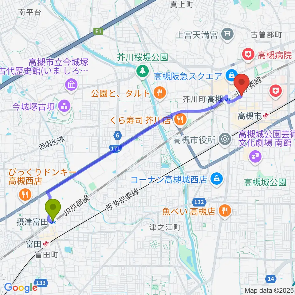 摂津富田駅からbar T-trueへのルートマップ地図