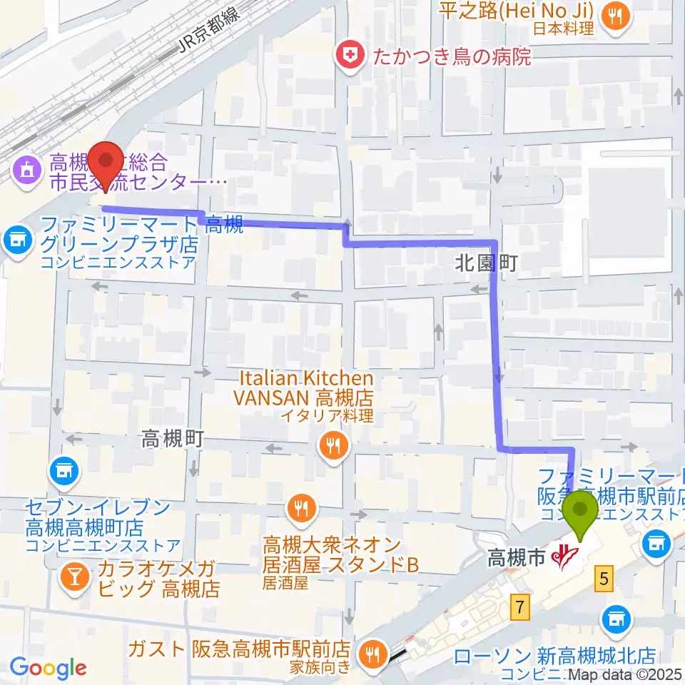 高槻市駅からbar T-trueへのルートマップ地図