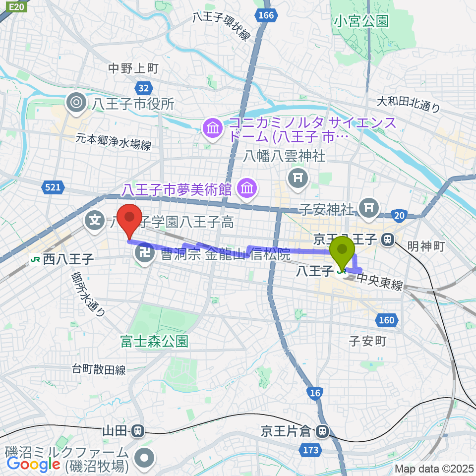 八王子駅からスタジオオルウェイズへのルートマップ地図