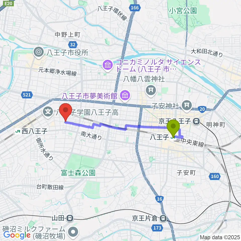 八王子駅からスタジオオルウェイズへのルートマップ地図