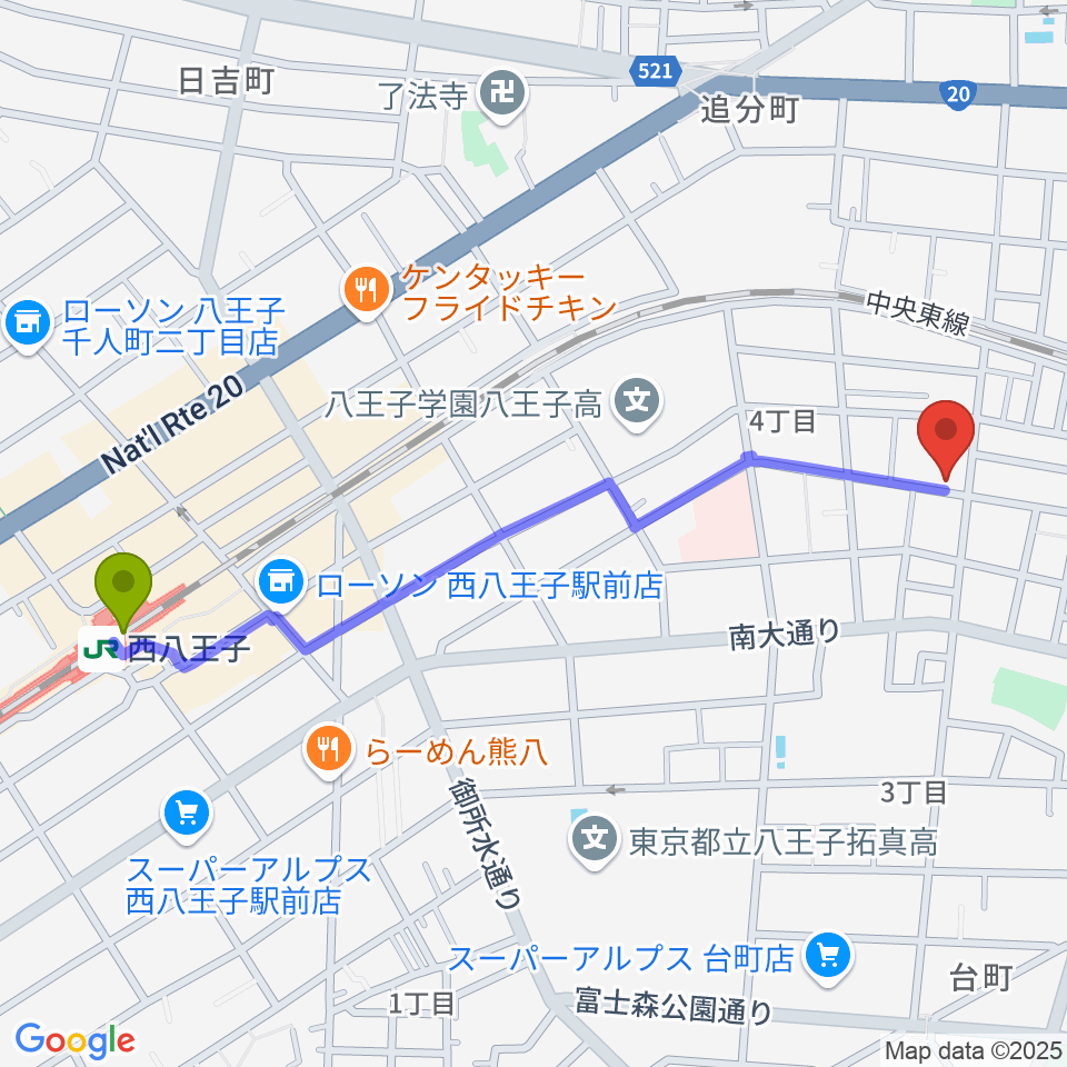 スタジオオルウェイズの最寄駅西八王子駅からの徒歩ルート（約12分）地図