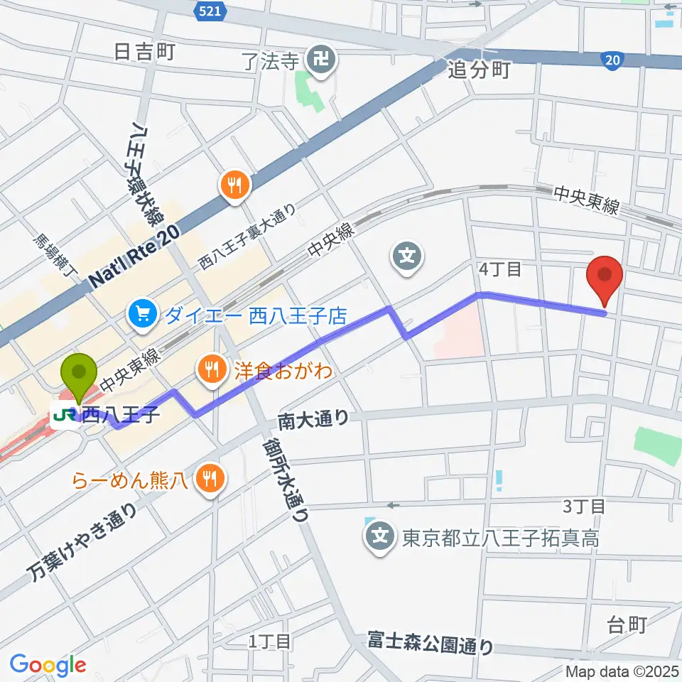 スタジオオルウェイズの最寄駅西八王子駅からの徒歩ルート（約12分）地図