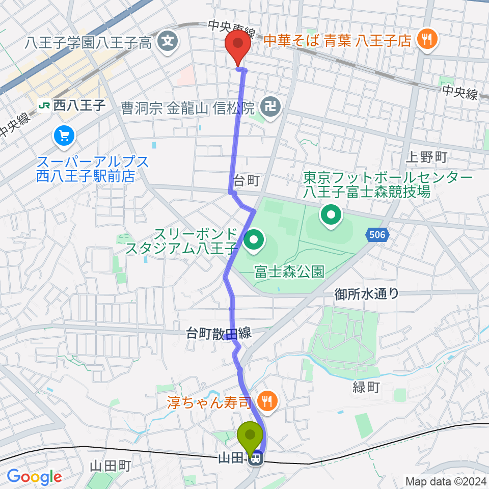 山田駅からスタジオオルウェイズへのルートマップ地図