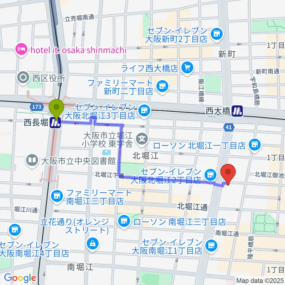 西長堀駅から堀江Goldeeへのルートマップ地図