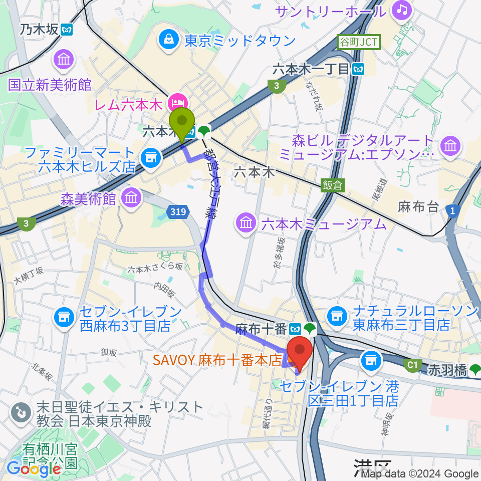 六本木駅からローズマリーミュージックスクール麻布教室へのルートマップ地図